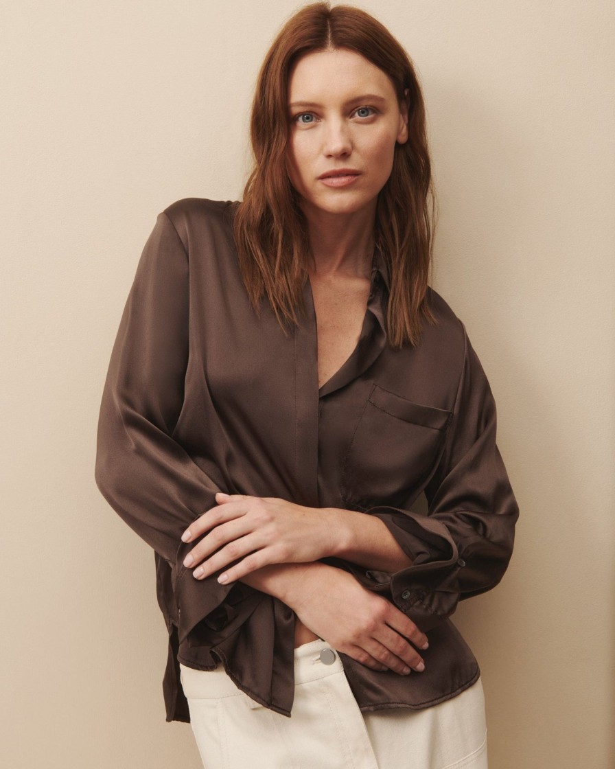 TWP Clothing Shop All | Boyfriend Shirt In Silk Charmeuse Turkish Coffee